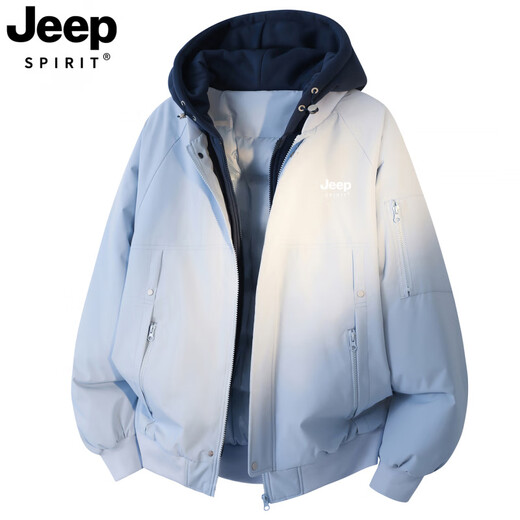 JEEP SPIRIT Jeep down jacket for men and women short winter 2026 new thickened fake two-piece quilted bread jacket waterproof jacket light blue male/female same style S