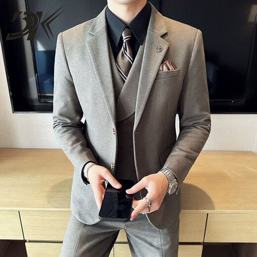 DK brand men's suit suit men's autumn and winter thick suit suit Korean version slim groom wedding formal suit brown suit + trousers plaid style M