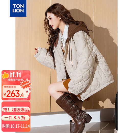 TonLion 2025 autumn and winter women's knitted contrasting color hooded short cotton coat