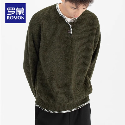 Lomon American retro design casual henley collar sweater for men and women loose autumn couple lazy pullover top green high quality M