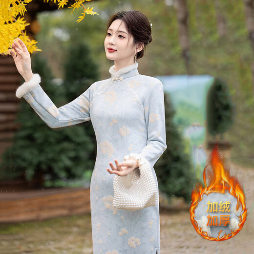 Blue elegant lady style plush collar cheongsam winter style waist reduction age-reducing warm plus velvet new Chinese style dress blue 2XL (125-135Jin Jin is equal to 0.5kg)