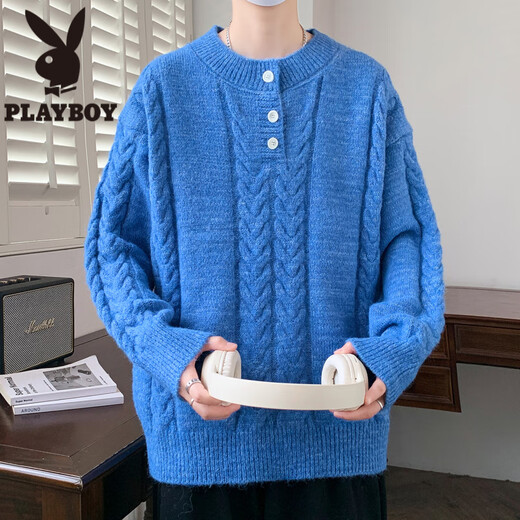 Playboy (PLAYBOY) Henry collar sweater for men in autumn and winter trendy cable pattern blended pullover sweater for men simple warm woolen clothes light gray M about 90-110Jin Jin equals 0.5kg can be worn