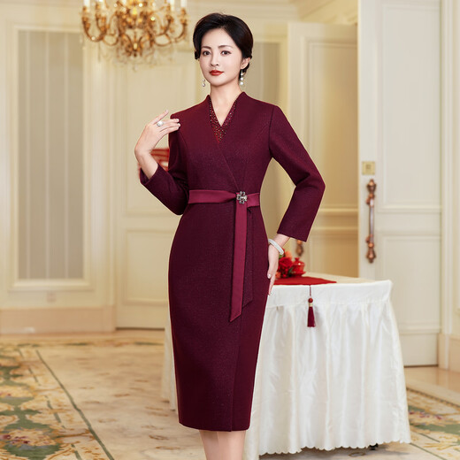Fumini high-end light luxury mother's wedding evening dress 2025 autumn and winter clothing grandma's wedding dress warm wool dress purple XL