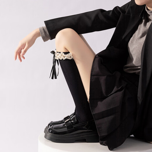 Jane Deiunejk college style pressure calf socks lace bow mid-calf socks slimming with boots Lolita black