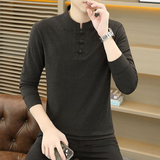 Jingyan selects stand-up collar long-sleeved T-shirt for men in spring, autumn and winter Chinese style Henry collar polo shirt with buckle inside 8806 gray M M