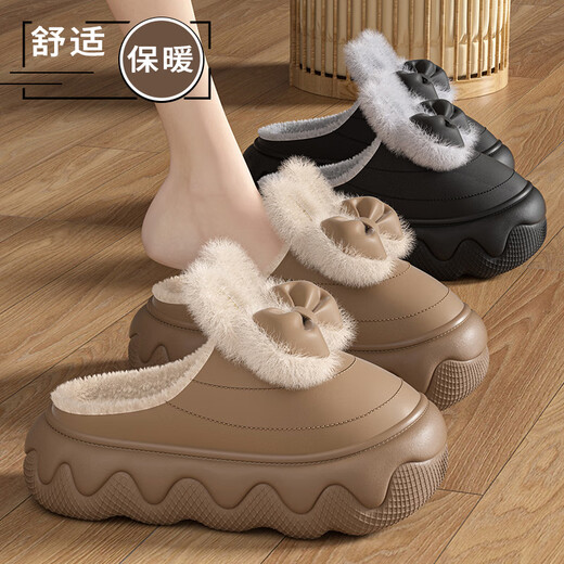 Children's cotton shoes for girls in autumn and winter, thick-soled warm plush bow cotton slippers for girls' home and indoor use, caramel brown, size 34-35, suitable for feet 21cm long