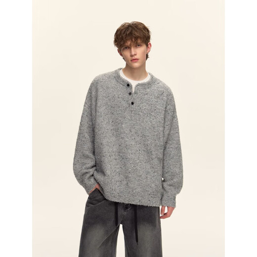 Elos Castle American Heavy Henley Collar Sweater Men's Autumn and Winter New Thick Fashion Brand Sweater Loose Warm Pullover Sweater Gray M