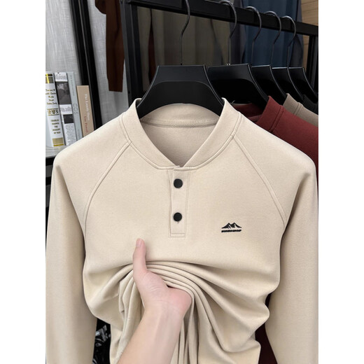 GOLDLION G+Goldlion broken code 2026 German velvet two-button Henry collar sweatshirt men's autumn and winter new casual pullover loose khaki M (recommended 95-110Jin Jin is equal to 0.5 kg)
