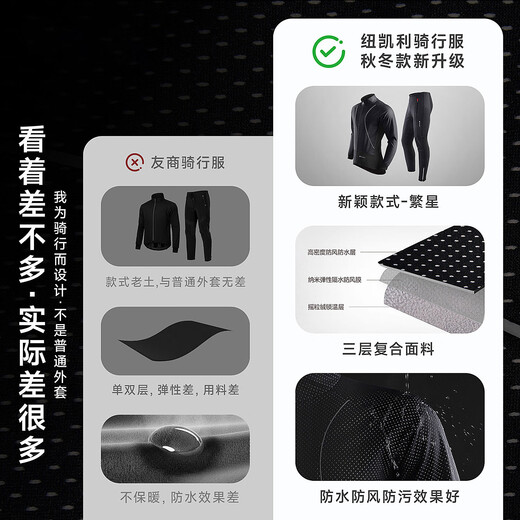 NUCKILY Cycling Suit Autumn and Winter Road Cycling Men's Jacket Quick-drying Long-sleeved Top Windproof Warm Pants Set Stars-Black Suit NJ525+NS358 2XL Recommended Weight 80-85kg
