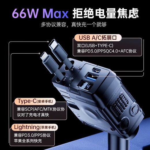 Mecha Retractable Cable Car Charger Car 120W Super Fast Charging One to Three Car Cigarette Lighter Flash Charging Car Charger Black 120W Fast Charging TYPE-C+ Apple Universal