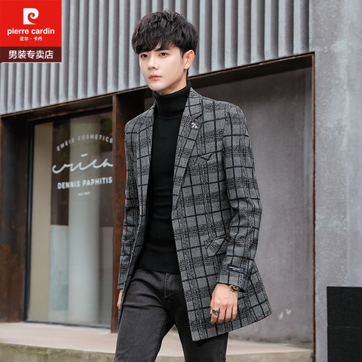 Pierre Cardin men's suit mid-length windbreaker jacket spring and autumn slim woolen top youth Korean style trendy woolen coat deep grid 15 3XL 155-170Jin Jin equals 0.5 kg