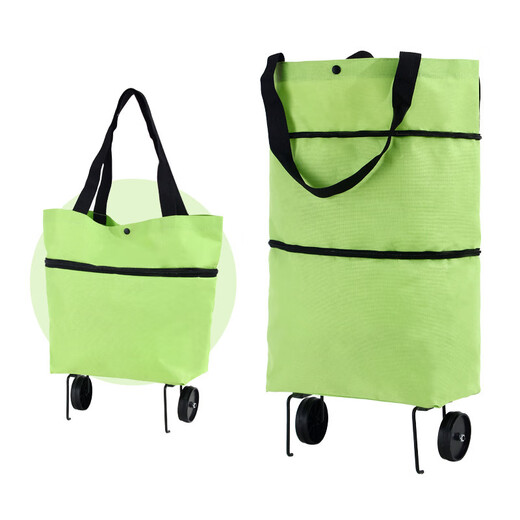 Fat Donglai's same style portable shopping trolley bag with wheels, foldable grocery shopping cart, large capacity trolley, upgraded to large capacity, hand-pulled + shoulder-carrying dual-purpose - Green Grass