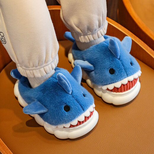 Children's cotton slippers autumn and winter waterproof home indoor non-slip boys cute shark pattern baby kids cotton slippers gray 12 34/35 size inner length 21.5CM