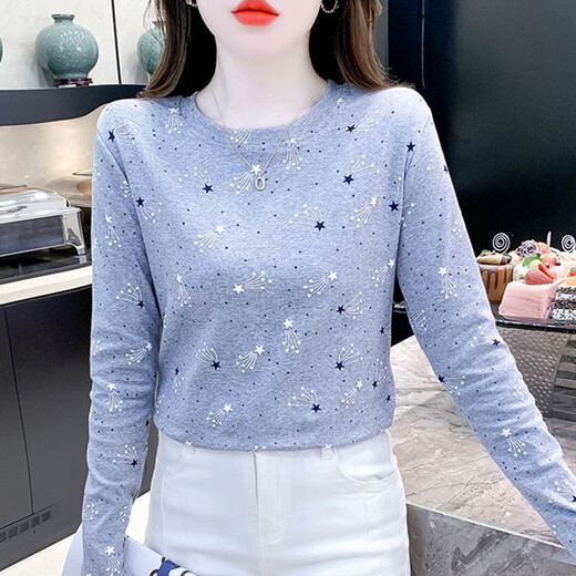 红蜻蜓纯棉时尚印花打底衫女长袖秋季新款修身百搭圆领T恤内搭上衣 DD1396#（灰色）长袖 2XL 【建议131-145斤】