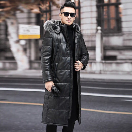 Matchstick extra long knee-length leather jacket for men, sheepskin jacket, hooded leather windbreaker, fur collar, thickened leather jacket, winter trendy black M