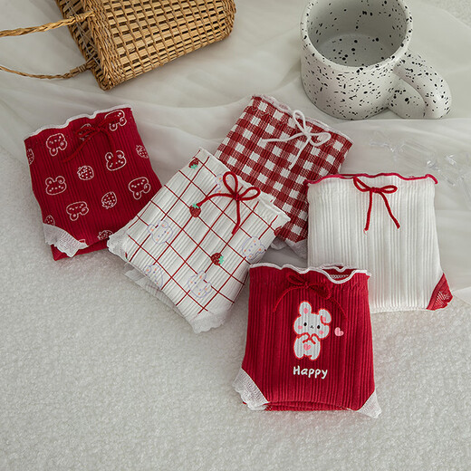 Caramella pure cotton underwear women's breathable briefs sweet and fresh women's shorts underwear red lace cartoon style mixed color 3 pieces one size fits all (suitable for 85-120 Jin Jin equals 0.5 kg)
