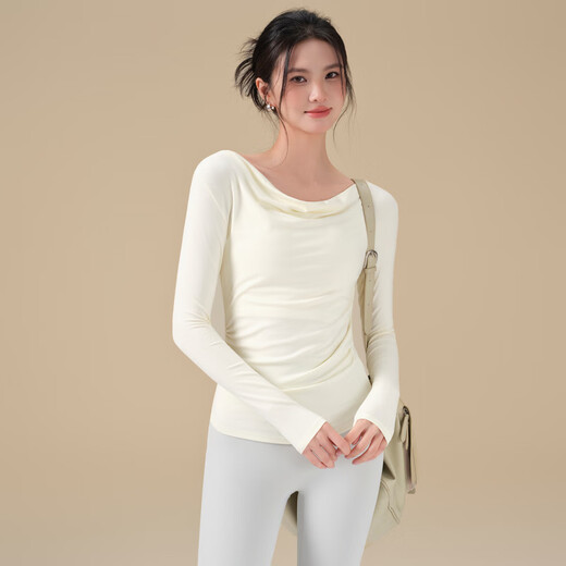 LULU CENTURY high-looking yoga wear top for women in autumn and winter with swing collar sports long-sleeved Pilates training fitness T-shirt beige straight shoulder swing collar / pleated waist S (recommended 80-95Jin Jin equals 0.5kg)