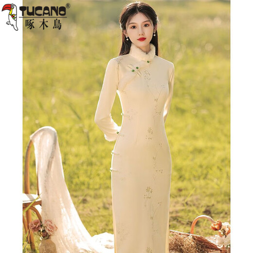 Woodpecker Winter Cheongsam 2025 New Velvet Thickened Winter Tea Clothes New Chinese Tea Artist Clothes Long Dress Women Off-White Velvet Thickened L