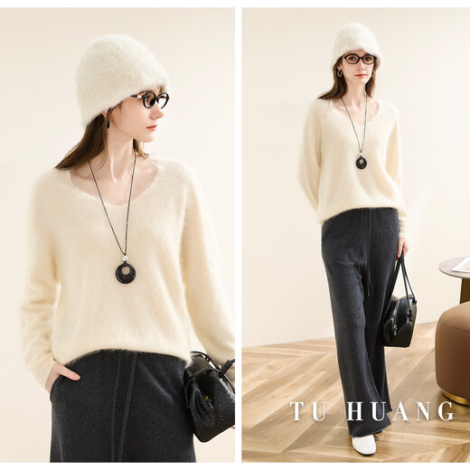 TUHUANG Seamless one-piece pure cashmere foggy lazy V-neck wool sweater 25 autumn and winter women's cashmere sweater TW892446