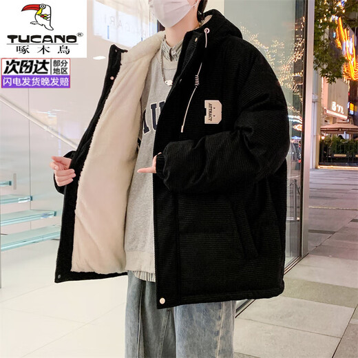Woodpecker (TUCANO) lamb velvet autumn and winter men's cotton coat plus velvet thickened warm coat cotton coat trendy hooded down cotton jacket 5305 black L recommended 125-140 Jin Jin equals 0.5 kg can be worn