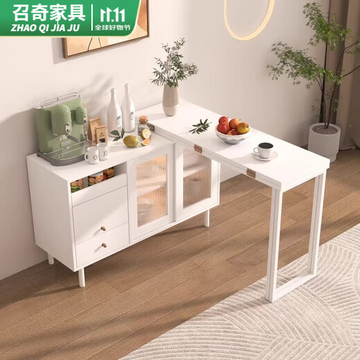 Diyijia dining side cabinet wine cabinet cream style multifunctional dining table rotating bar integrated small apartment folding telescopic dining table B01 embossed white dining table cabinet integrated (folding bar)