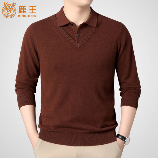 KING DEER Cashmere Sweater 2025 Winter New Men's High-End Business Fake Two-Piece Pullover Pure Cashmere Knitted Sweater Ancient Brown M 165 100-120Jin Jin is equal to 0.5 kg