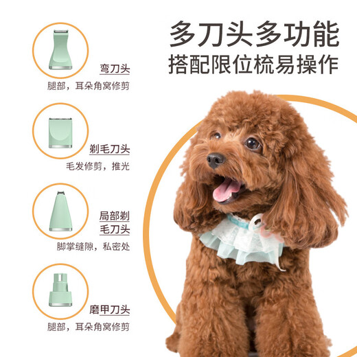 BLANLODY dog shaver, cat foot shaver, pet hair clipper, nail polishing dog hair clipper, silent and non-stuck, 2-in-1, mint green, body hair + foot hair cutter head