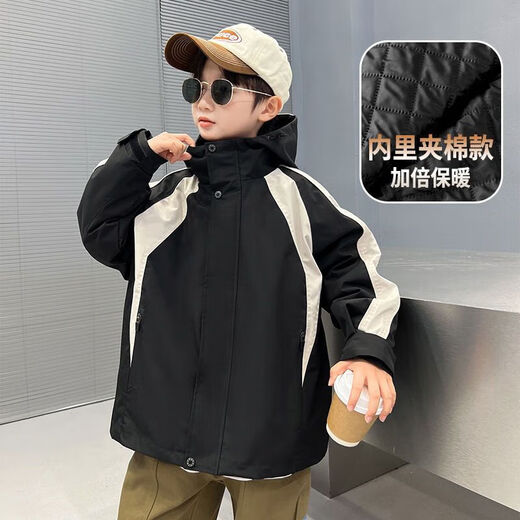 Jacket for boys and girls, three-in-one polar fleece thickened jacket, autumn and winter stylish medium and large children's stylish jacket, black (quilted style + polar fleece liner jacket) two-piece set 160 (recommended height is about 150)