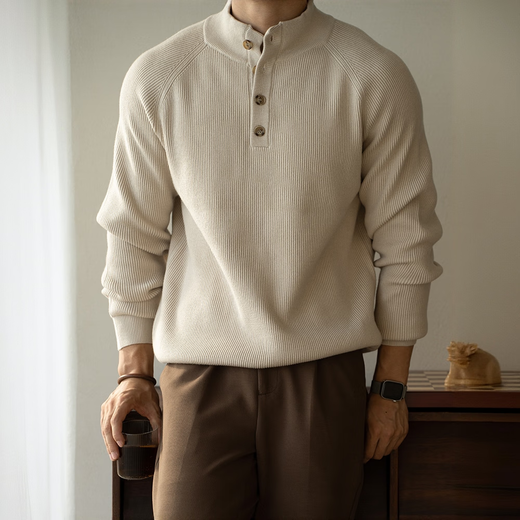 Kazuki Kuraishi KAZUKI KURAISHI old money style Henry collar sweater for men 2025 autumn and winter new skin-friendly warm wicker raglan casual sweater Yami Apricot XL (180/100A)