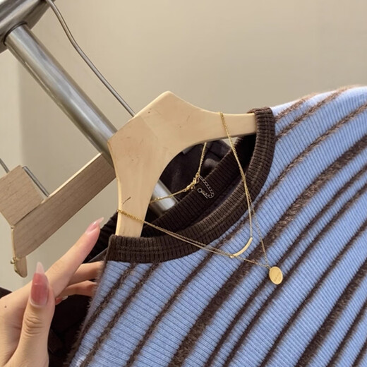 Su Yuwei's French contrast striped wool sweater with round neck sweater for women's autumn high-end slim-fitting bottoming shirt blue top Follow the store - free shipping insurance S (80-95Jin Jin is equal to 0.5kg)