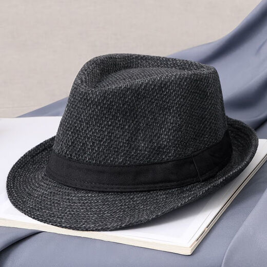 Qisman top hat for middle-aged and elderly men, autumn and winter British jazz hat, middle-aged gentleman hat, black small top hat, men's top hat, woolen black and gray, M size 56-58cm