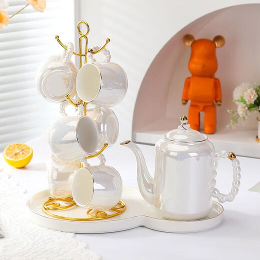 Yongxia Light Luxury Housewarming Ceramic Water Set Tea Cup Household Tea Set Nordic Living Room Teapot Cup Water Cup Complete Set Pearl White 6 Cups