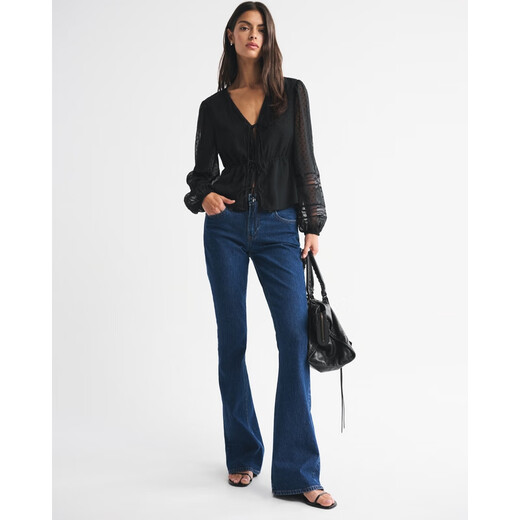 Abercrombie & Fitch Women's 25 New Autumn Style American Style Versatile Loose V-neck Tie Cardigan Long Sleeve Top 140-5315 Black S (165/88A)