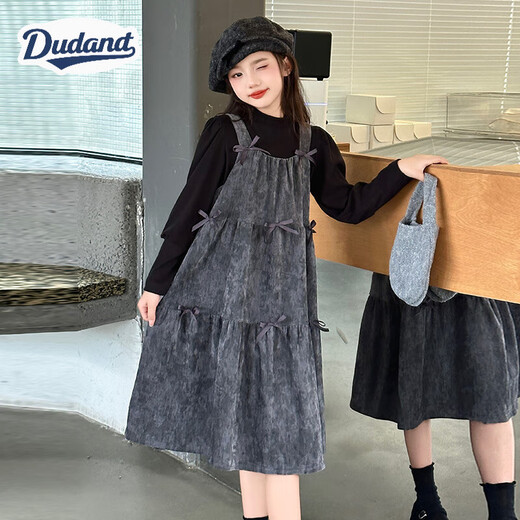 Dudant international brand girls' dress spring and autumn 2025 new children's long-sleeved princess dress autumn big children's girl suspenders alpaca shark pants + black inner + gray skirt 120 cm recommended height around 115