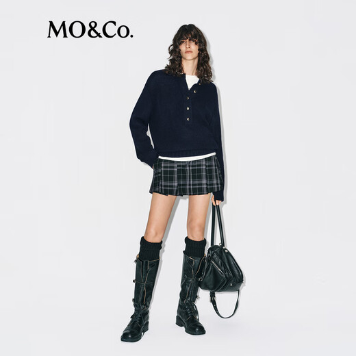 MO&Co. Striped Sweater 2025 Winter New Arrival Merino Sheep Wool Henley Collar Half-Braid Loose Intelligent MBE4SWTT02 Dark Royal Blue XS /155