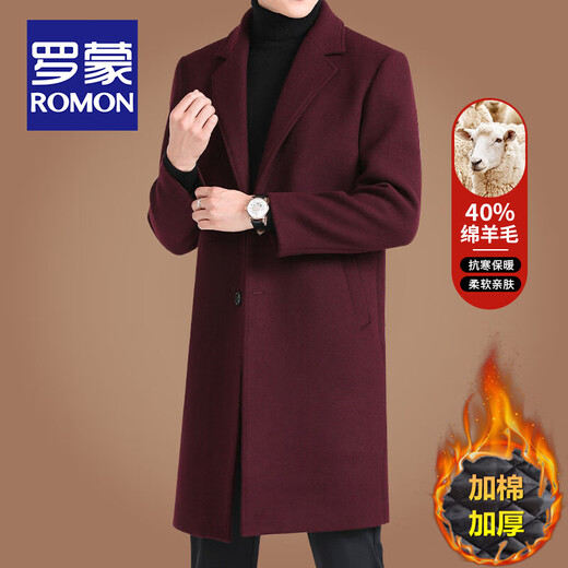 ROMON mid-length woolen coat for men, autumn and winter business casual, cotton-thickened windbreaker, men's warm woolen coat, black woolen (40% sheep wool) L/175 size (recommended 125-140Jin Jin equals 0.5kg to wear)