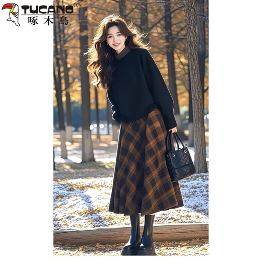 Woodpecker (TUCANO) enters winter with a complete set of 2025 new style ladies' contrasting color sweater plaid skirt age-reducing suit for women top + skirt XL recommended 120Jin Jin equals 0.5kg -145Jin Jin equals 0.5kg within