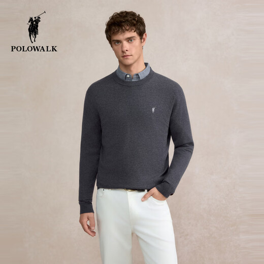 POLOWALK 100% sheep wool men's wool sweater 2025 winter new round neck pullover base layer black gray XL