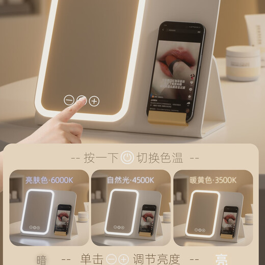 镜子化妆镜led带灯便携折叠桌面台式学生宿舍家用旅行 荔枝白【手机支架高定皮革】-2400AH
