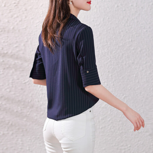 Demana (dme) spring fashion splicing casual women's shirt slim H-shaped women's top V-neck temperament shirt for women Navy S