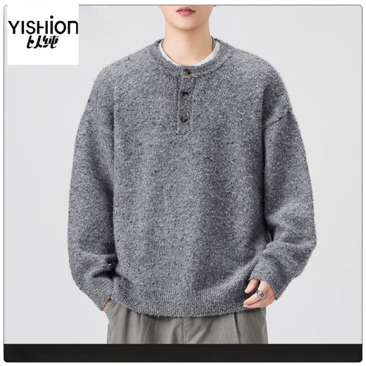 Pure (YISHion) lazy style Henry collar sweater for men 2025 autumn and winter loose casual sheep wool sweater gray button-up sweater 8112 floral gray L 120-140Jin Jin equals 0.5 kg