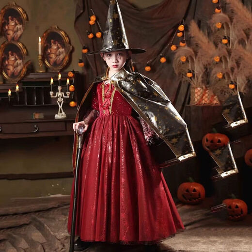 Xiao Ka Yi Nong Halloween children's costume girl dress character little girl dance cosplay witch vampire costume Halloween burgundy costume + hat + shawl 140