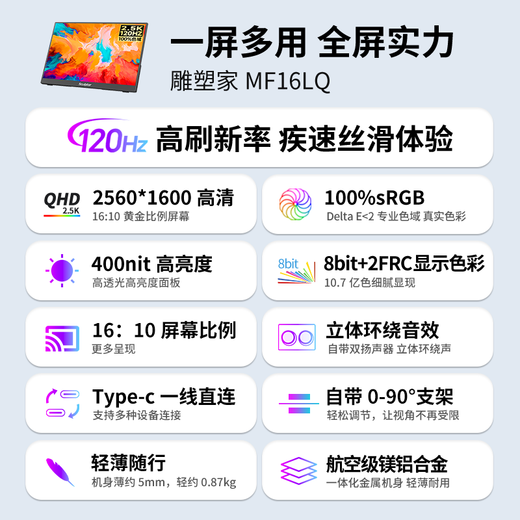Sculptor 16-inch 2K/2.5k portable monitor 120Hz high brush 100% sRGB color gamut computer notebook secondary screen switch mobile phone PS5 extended screen MF16LQ