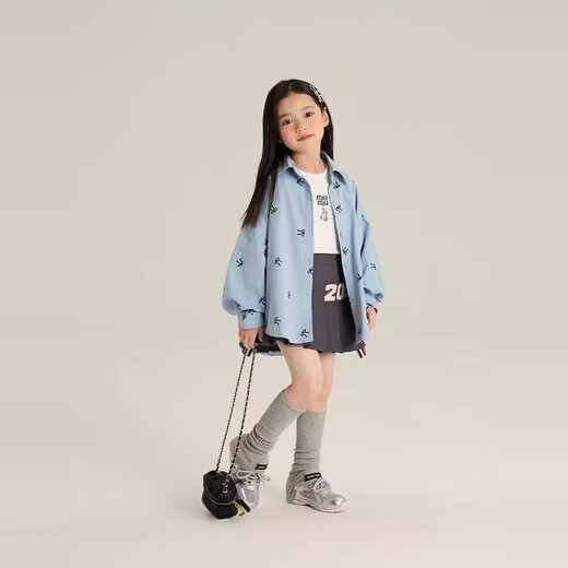 Children's shirts 2025 spring and autumn new arrival girls Korean style sweet all-over printed bow lapel shirt baby jacket trendy blue 150