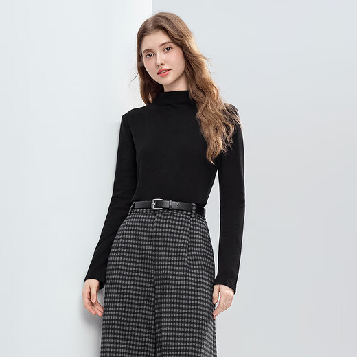 Betu women's 2025 winter new T-shirt elastic comfortable long-sleeved tops bottoming shirt simple inner wear for women 2510T96 black L