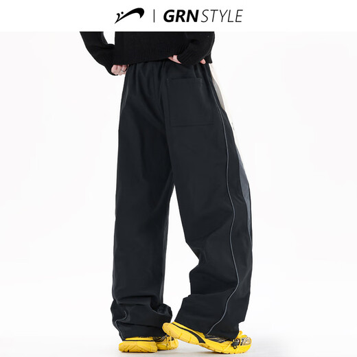 Guirenniao American straight trousers for men in autumn and winter new retro trendy splicing contrasting colors casual loose sports pants men's trousers silver gray green 2XL