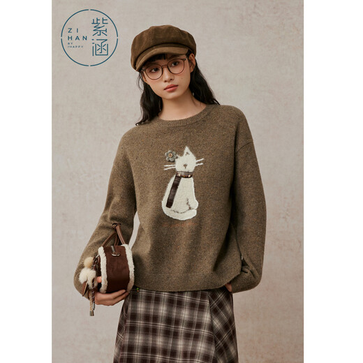 Zihan (ZIHAN) Zihan 100% sheep wool round neck sweater for women 2025 winter new cat jacquard loose pullover sweater Mocha Mousse S