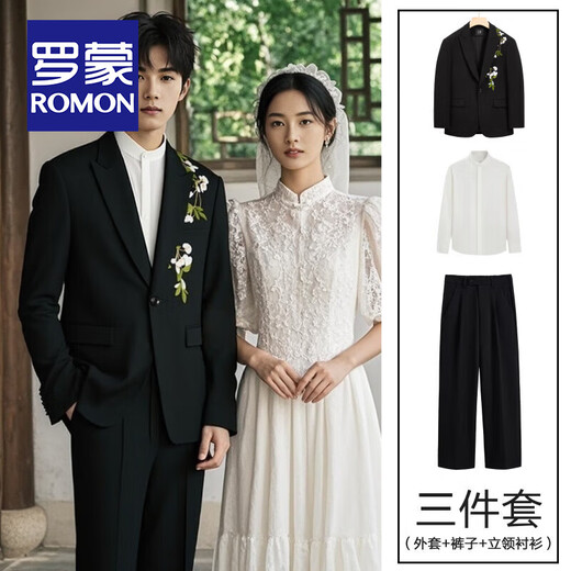 ROMON Chinese style camellia embroidered single button suit suit for men Korean style groom wedding banquet new Chinese style single suit black jacket + pants + stand collar shirt 2XL (recommended 171-195 Jin Jin equals 0.5 kg)