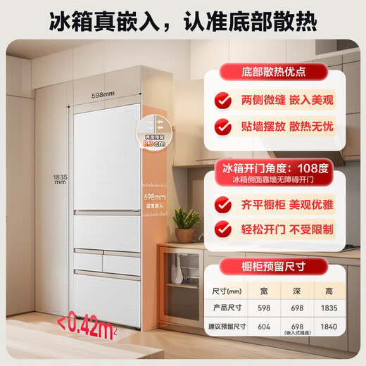 Rongsheng Xiaonuomi 452 liter Japanese-style five-door French multi-door ultra-thin zero-embedded refrigerator household automatic ice making first-class energy efficiency frost-free BCD-452N50MQNAD national subsidy