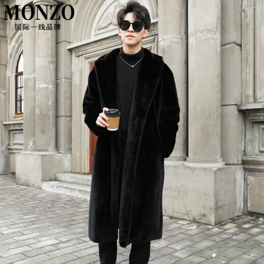 MONZO国际一线品牌加厚仿水貂毛长款皮草大衣男秋冬过膝款纯色长版皮草 浅灰色 S 90-115斤